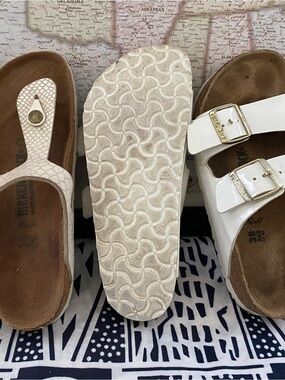 LOT 2 Pre-owned Birkenstock Arizona & Gizeh Sandal in Beige & White 38/7 Women